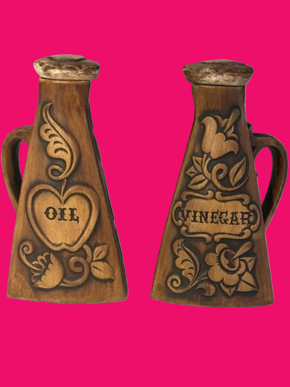 Vintage Treasure Craft Brown Ceramic (Faux Wood Look) Oil & Vinegar Cruet Set